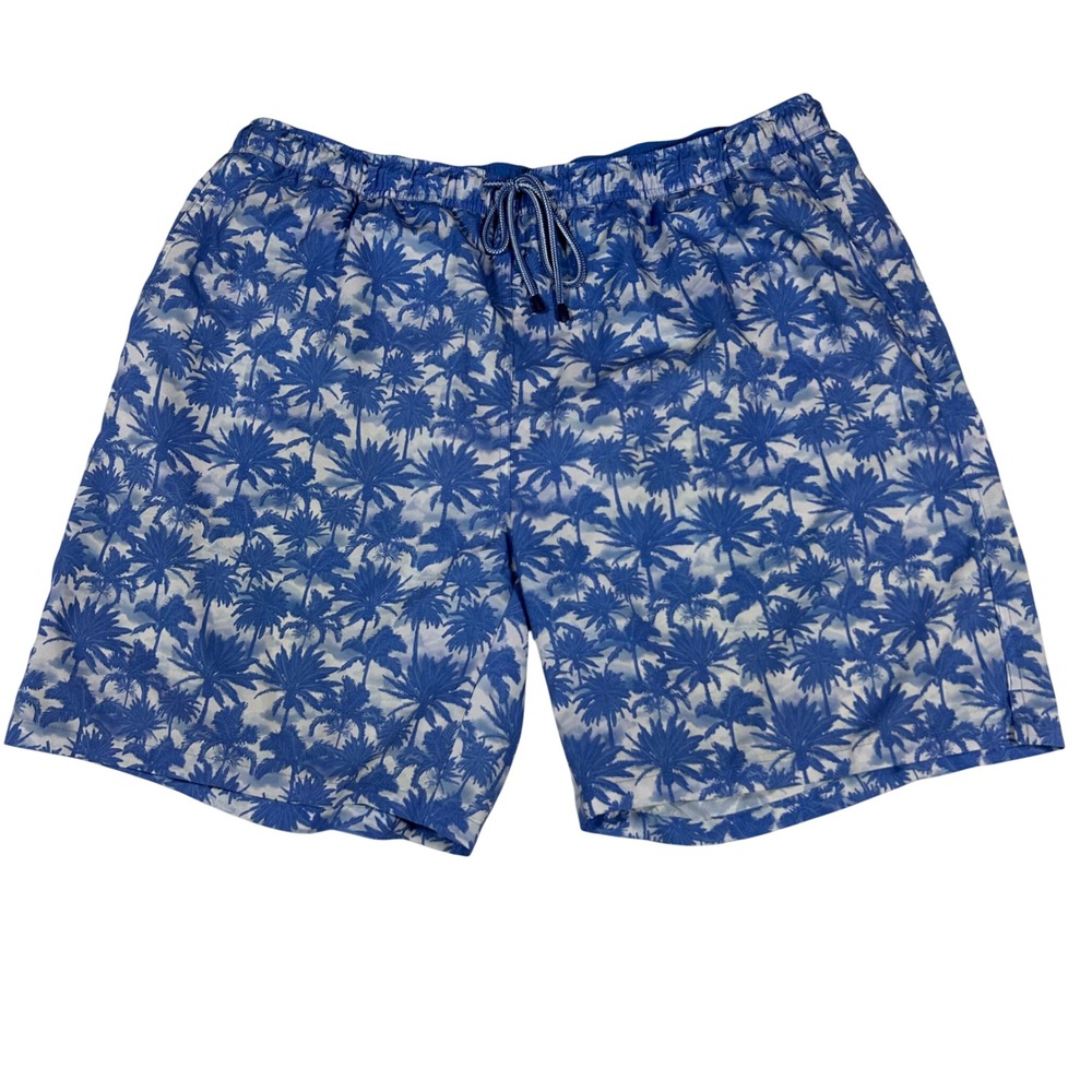 Peter Millar Swim Trunks Men XXL Blue Palm Tree Print Mesh Lined Board Shorts